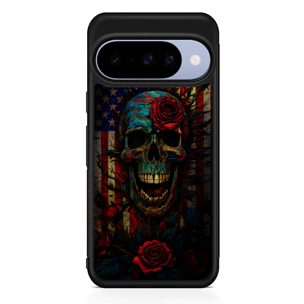 American Flag Skulls and Flower Google Pixel 10 Case | Google Pixel 10 Rubber Protective Case
