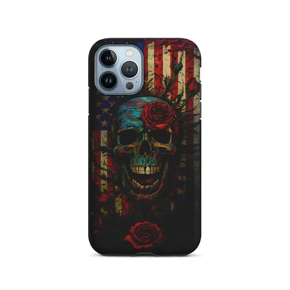 American Flag Skulls and Flower iPhone 15 Pro Max Case-2 in 1 Tough Case-Xtracase