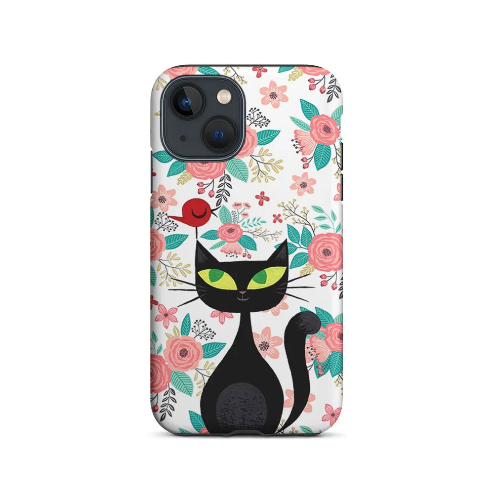 Cat Flower and Bird iPhone 15 Case-2 in 1 Tough Case-Xtracase