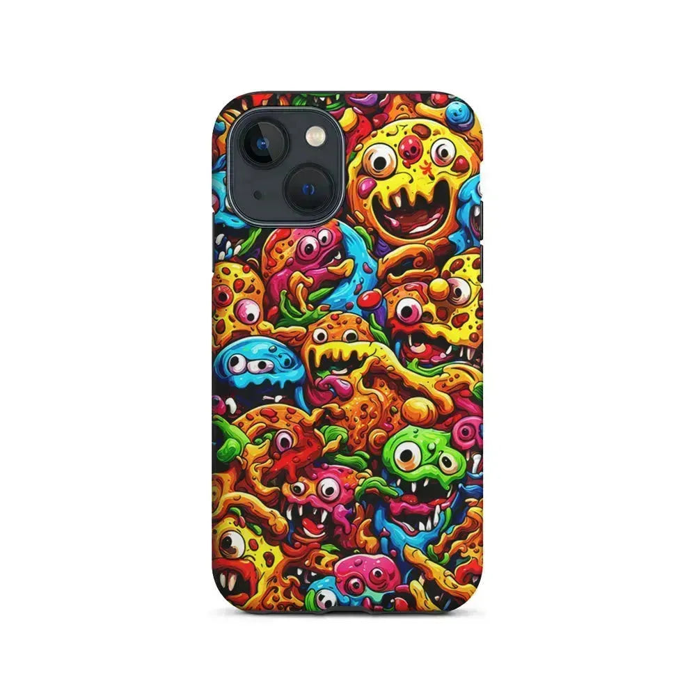 Colorful Monster Doodle Pizza iPhone 13 Mini Case-2 in 1 Tough Case-Xtracase