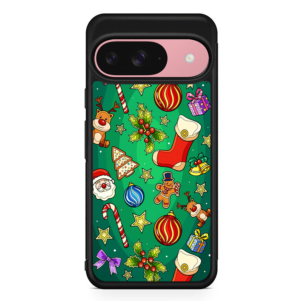 Christmas Ornaments Pattern Green Google Pixel 9 Case | Google Pixel 9 Protective Rubber Case