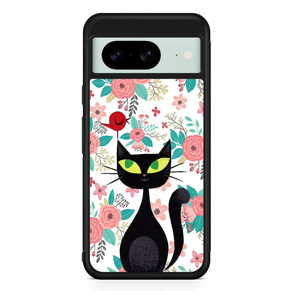 Cat Flower and Bird Google Pixel 8 Case | Durable Protective Cover for Google Pixel 8