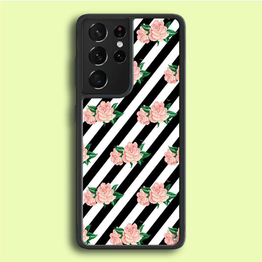 Girly Pink Rose Black Stripe Samsung Galaxy S25 Ultra Case-Rubber / Black (2D Case)-Xtracase