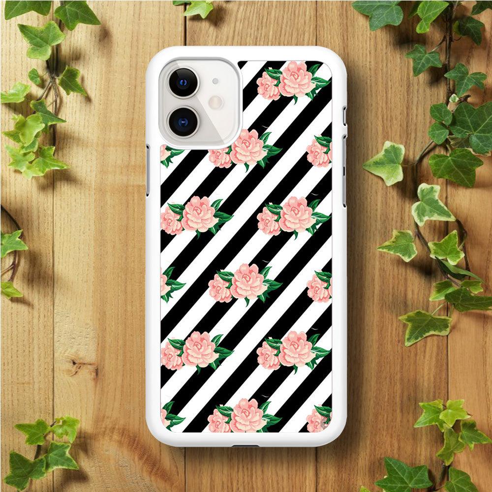 Girly Pink Rose Black Stripe iPhone 11 Case-Rubber / White (2D Case)-Xtracase
