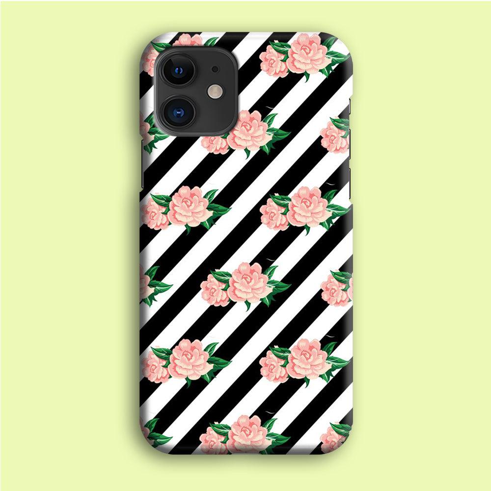 Girly Pink Rose Black Stripe iPhone 12 Mini Case-Plastic / Full Wrap (3D Case)-Xtracase