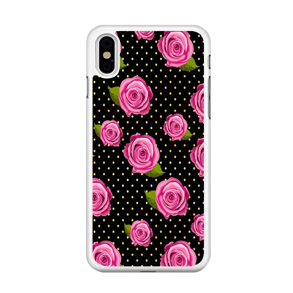 Girly Pink Rose Polka iPhone Xs Case-Rubber / White (2D Case)-Xtracase