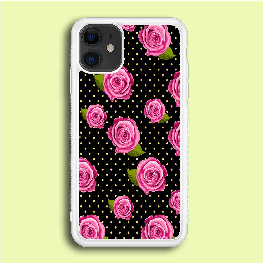 Girly Pink Rose Polka iPhone 12 Case-Rubber / White (2D Case)-Xtracase
