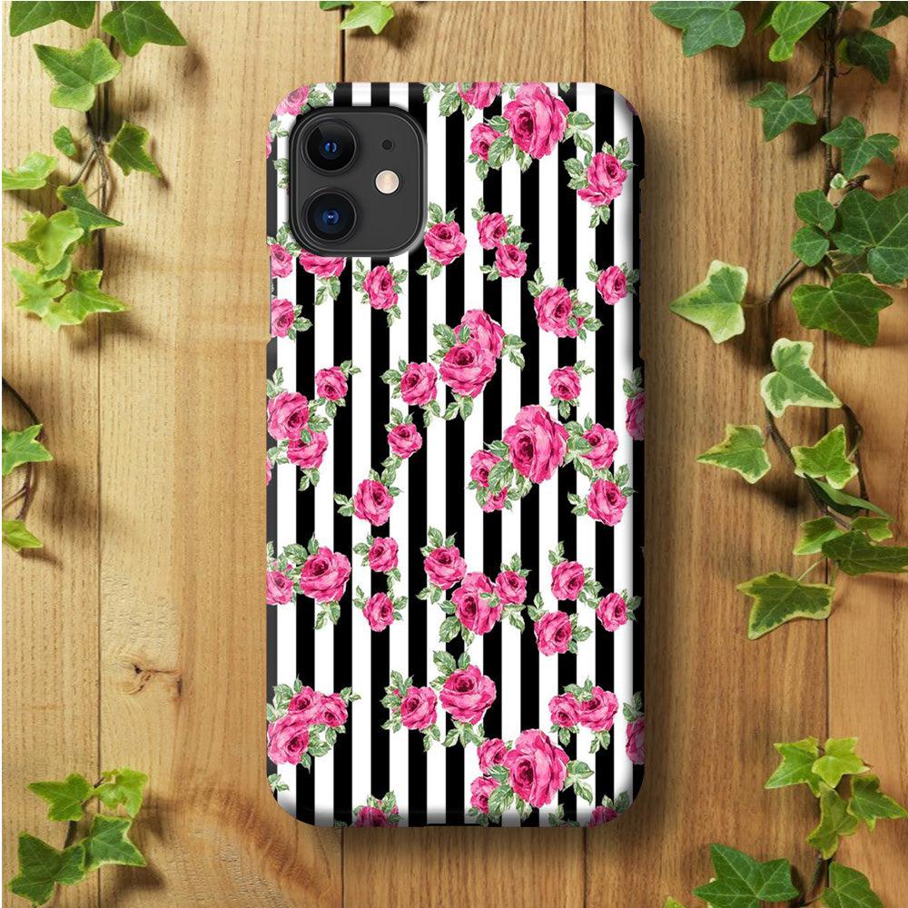 Girly Pink Rose Strip iPhone 11 Case-Plastic / Full Wrap (3D Case)-Xtracase