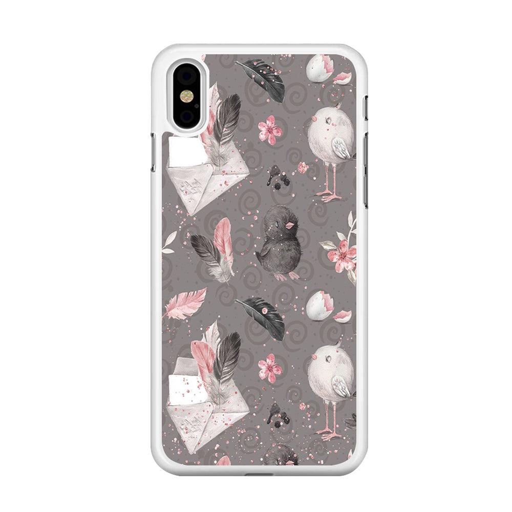 Motif Bird and Letter Grey iPhone Xs Max Case-Rubber / White (2D Case)-Xtracase