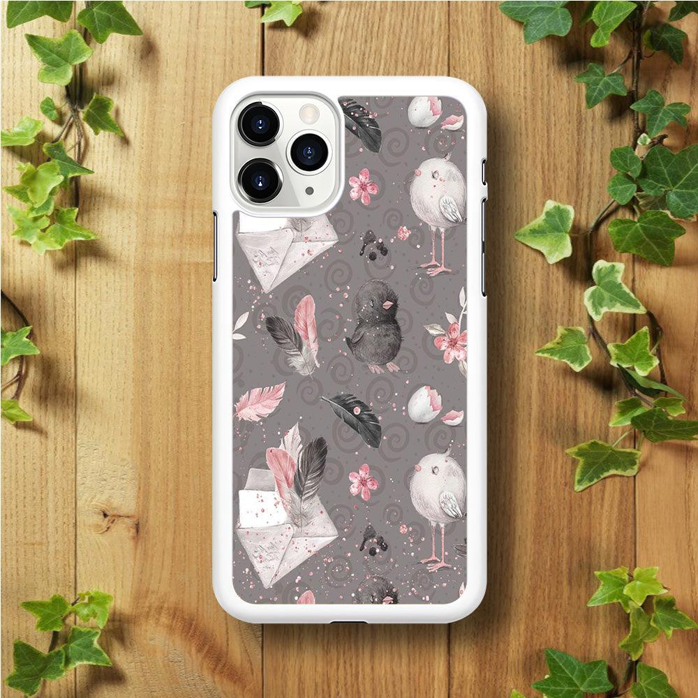 Motif Bird and Letter Grey iPhone 11 Pro Max Case-Rubber / White (2D Case)-Xtracase