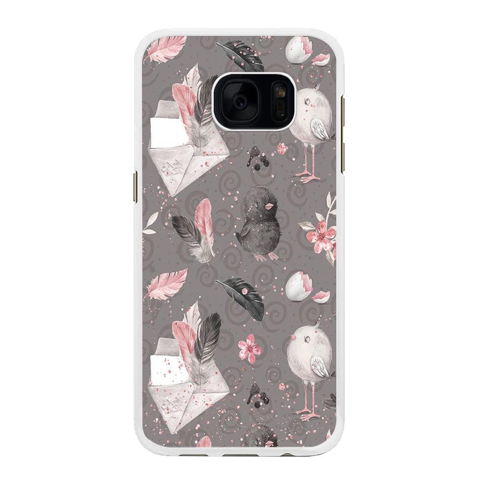 Motif Bird and Letter Grey Samsung Galaxy S7 Edge Case-Rubber / White (2D Case)-Xtracase