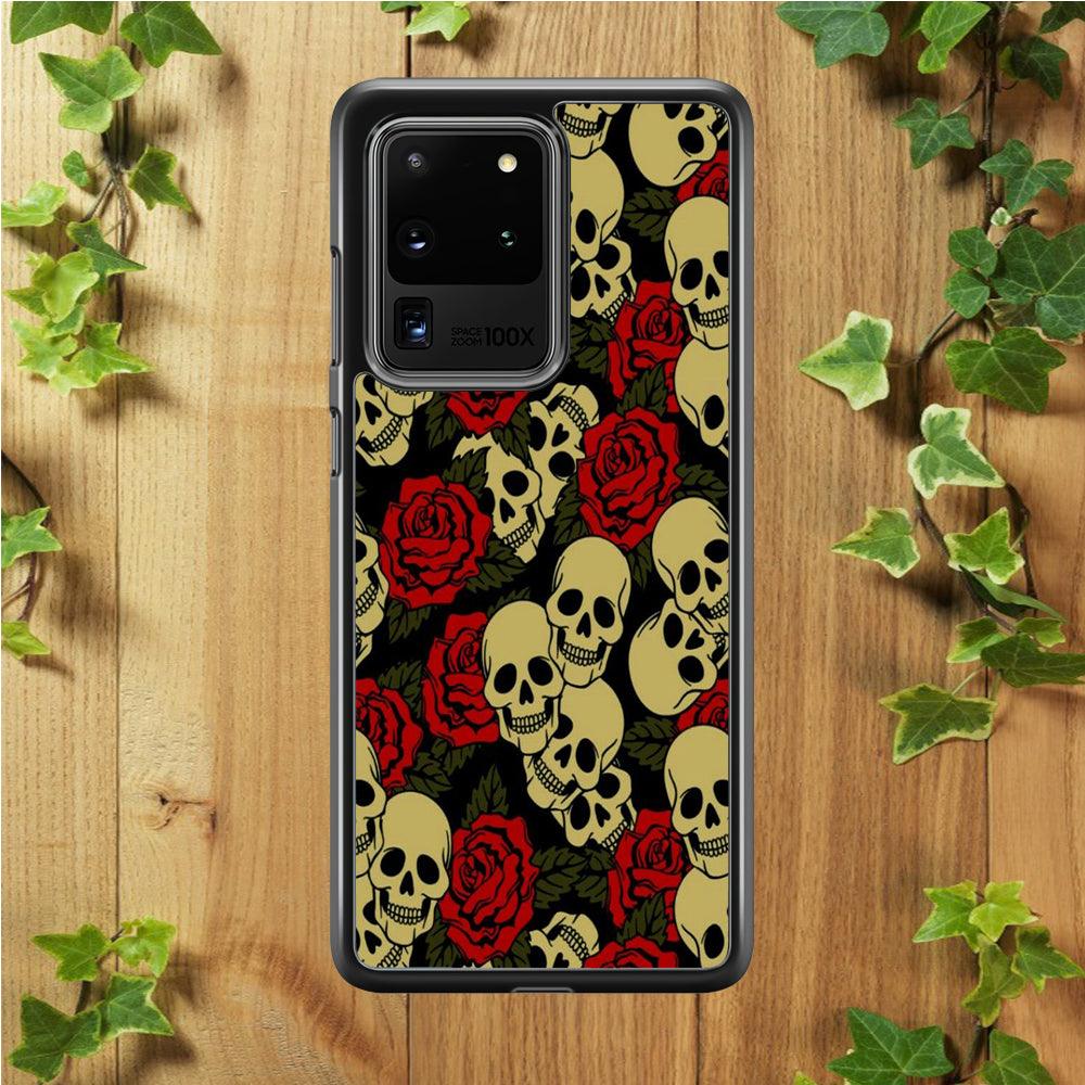 Motif Skull and Rose Samsung Galaxy S20 Ultra Case-Rubber / Black (2D Case)-Xtracase
