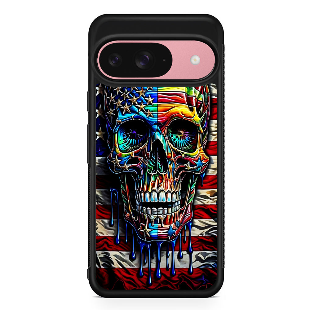 American Flag with Face Skulls Google Pixel 9 Case | Google Pixel 9 Protective Rubber Case