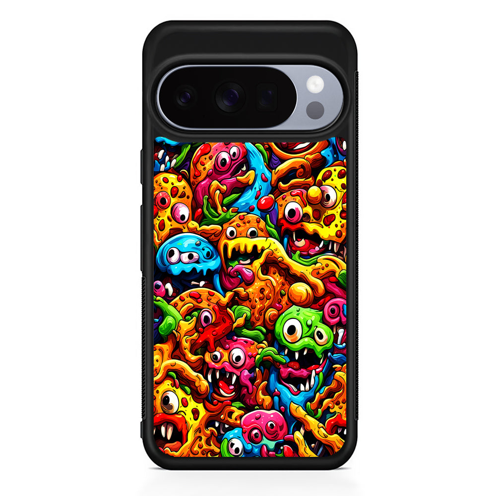 Colorful Monster Doodle Pizza Google Pixel 10 Pro Case | Google Pixel 10 Rubber Protective Case