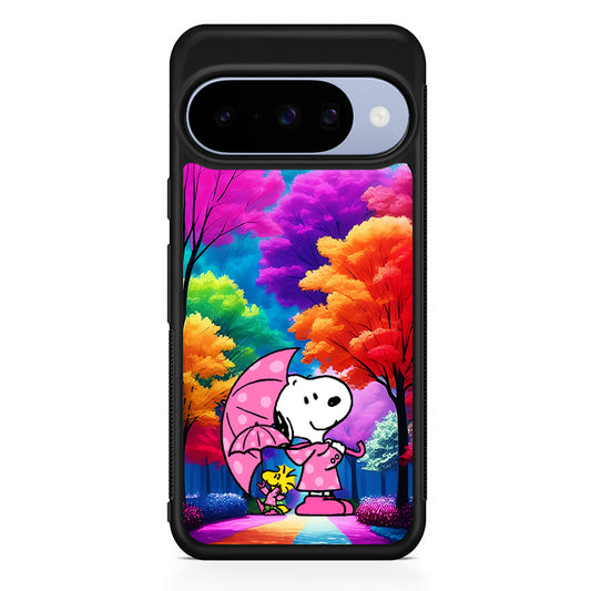 Snoopy and Woodstock in the Forest Google Pixel 10 Case | Google Pixel 10 Rubber Protective Case