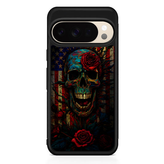 American Flag Skulls and Flower Google Pixel 10 Pro XL Case | Slim Google Pixel 10 Pro XL Protective Case
