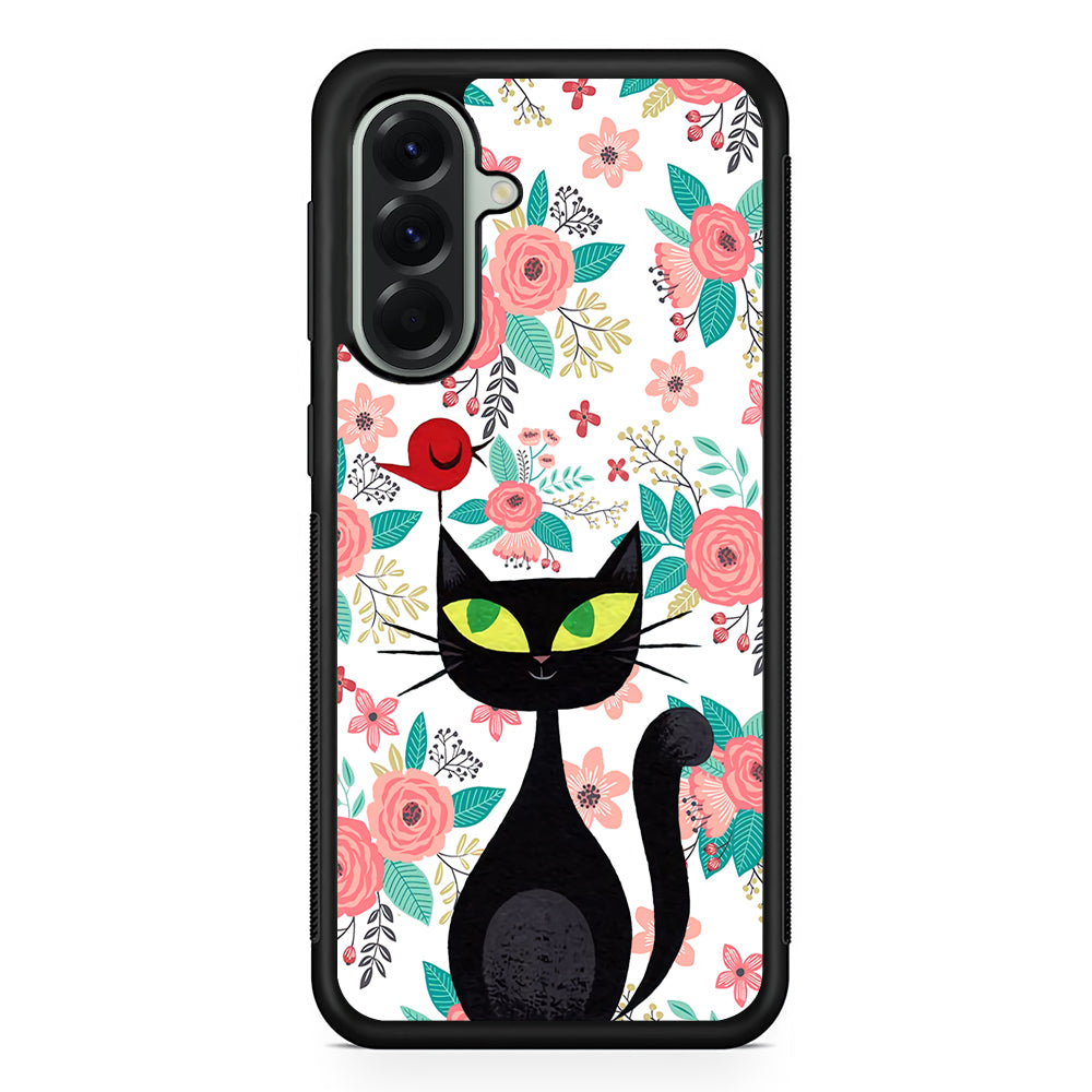 Cat Flower and Bird Samsung Galaxy A56 Case | Samsung Galaxy A56 Protective Rubber Case