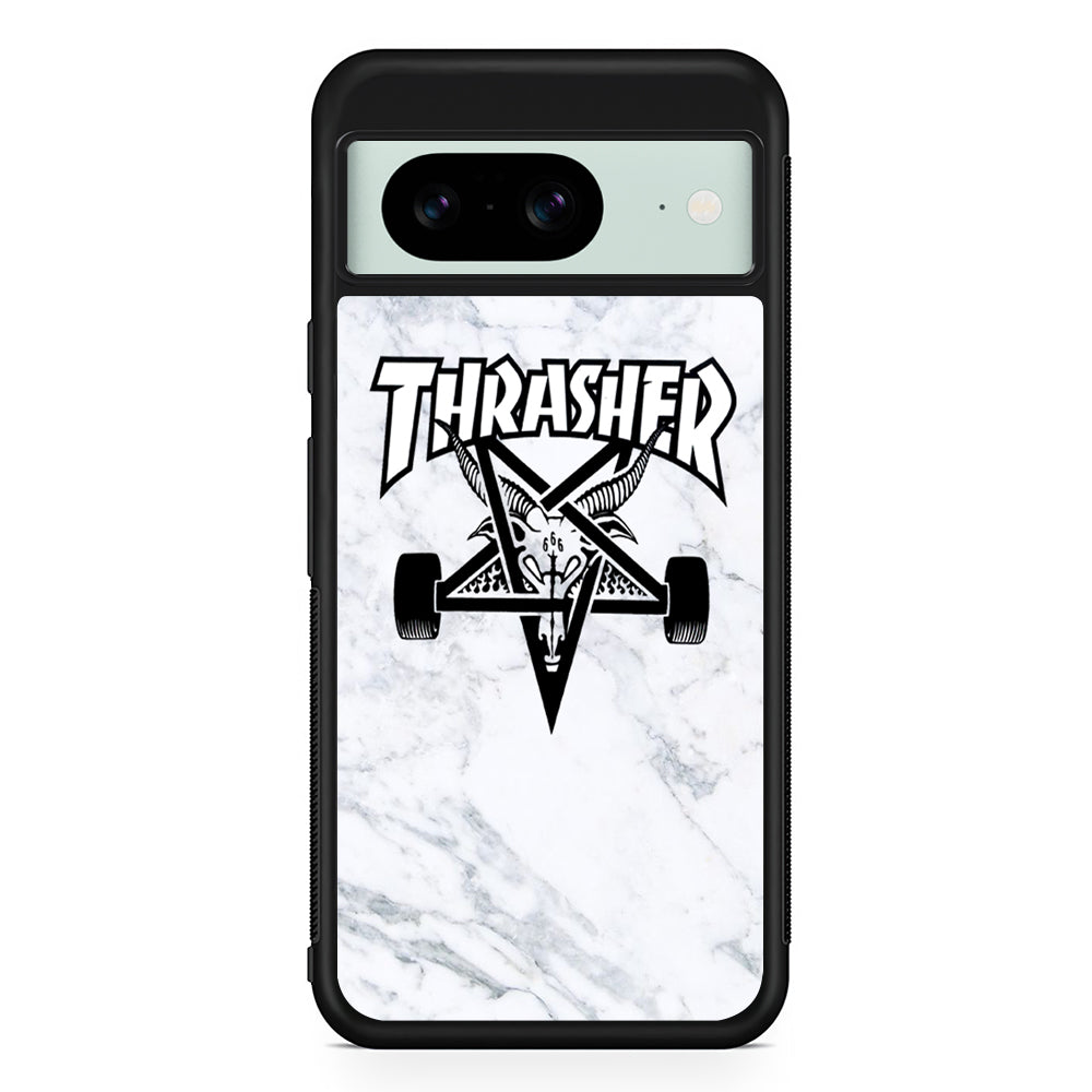 Thrasher x Pentagram White Marble Google Pixel 8 Case | Slim Rubber Case for Google Pixel 8