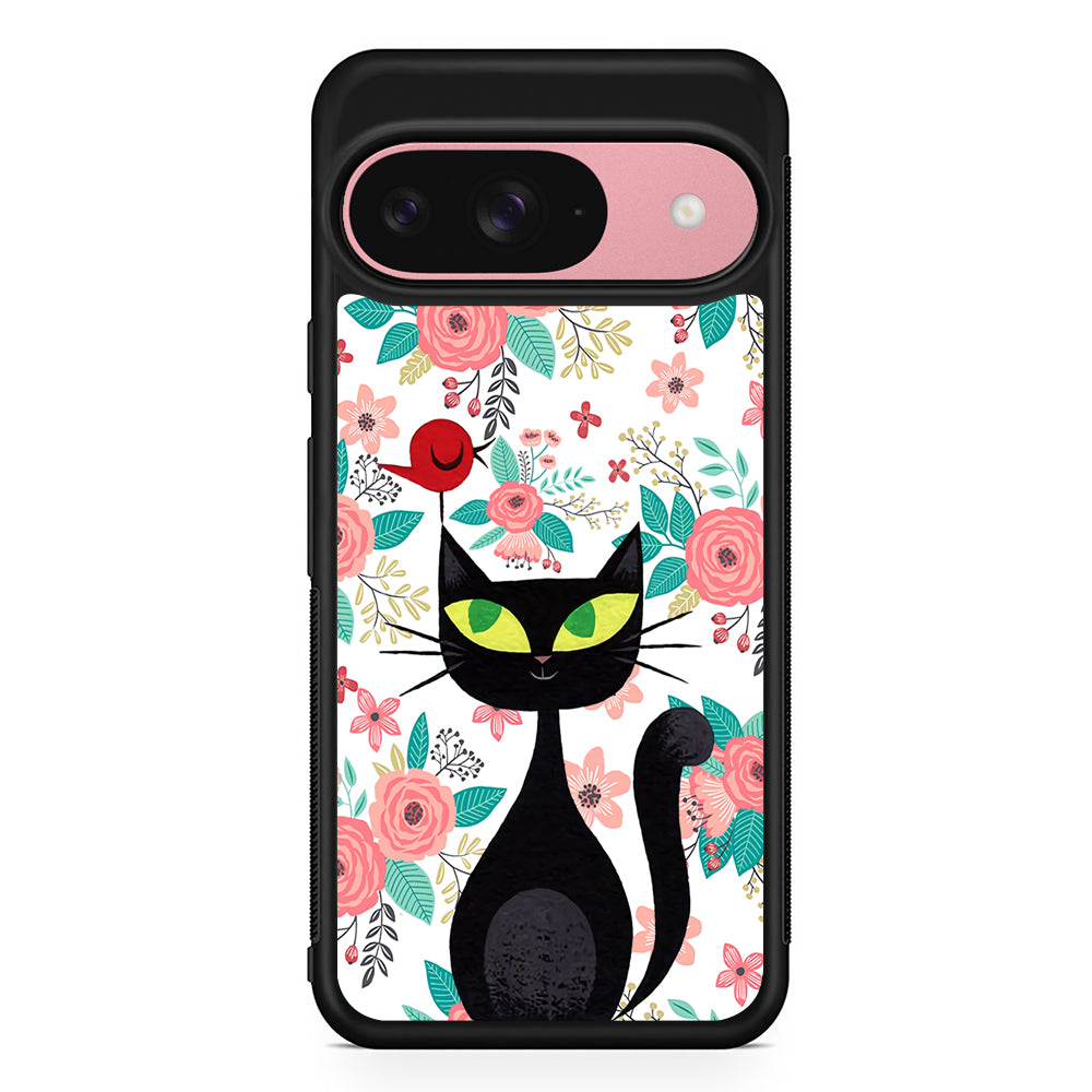 Cat Flower and Bird Google Pixel 9 Case | Google Pixel 9 Protective Rubber Case