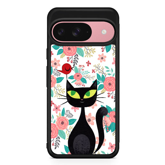 Cat Flower and Bird Google Pixel 9 Case | Google Pixel 9 Protective Rubber Case
