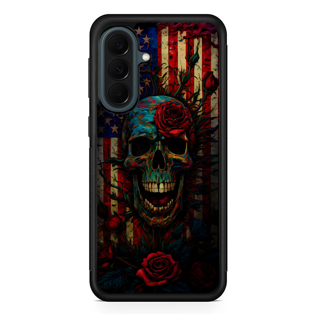 American Flag Skulls and Flower Samsung Galaxy A37 Case | Samsung Galaxy A37 Rubber Phone Case