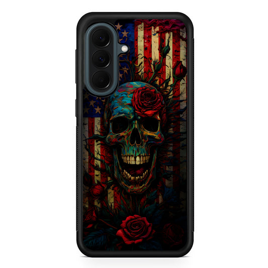 American Flag Skulls and Flower Samsung Galaxy A37 Case | Samsung Galaxy A37 Rubber Phone Case