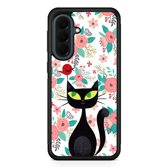 Cat Flower and Bird Samsung Galaxy A37 Case | Samsung Galaxy A37 Rubber Phone Case