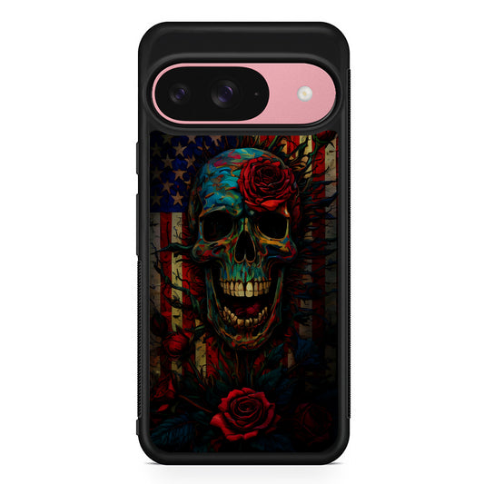 American Flag Skulls and Flower Google Pixel 9 Case | Google Pixel 9 Protective Rubber Case