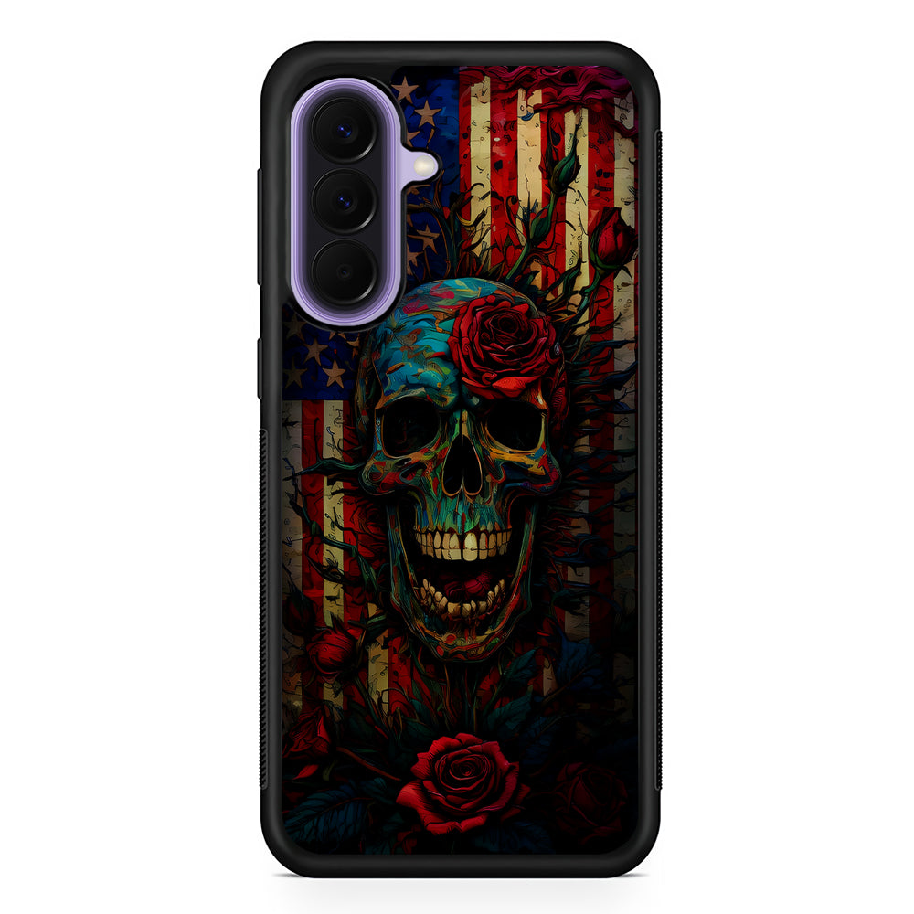 American Flag Skulls and Flower Samsung Galaxy A57 Case | Slim Samsung Galaxy A57 Rubber Case