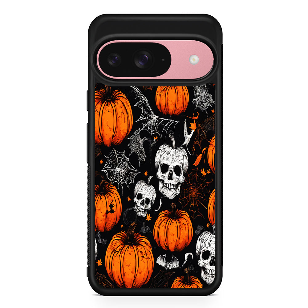 Halloween Skull and Spider Webs Google Pixel 9 Case | Google Pixel 9 Protective Rubber Case