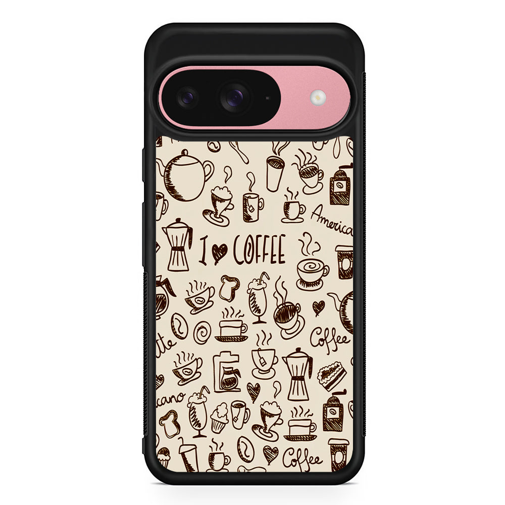 CoffeeTime Doodle Google Pixel 9 Case | Google Pixel 9 Protective Rubber Case