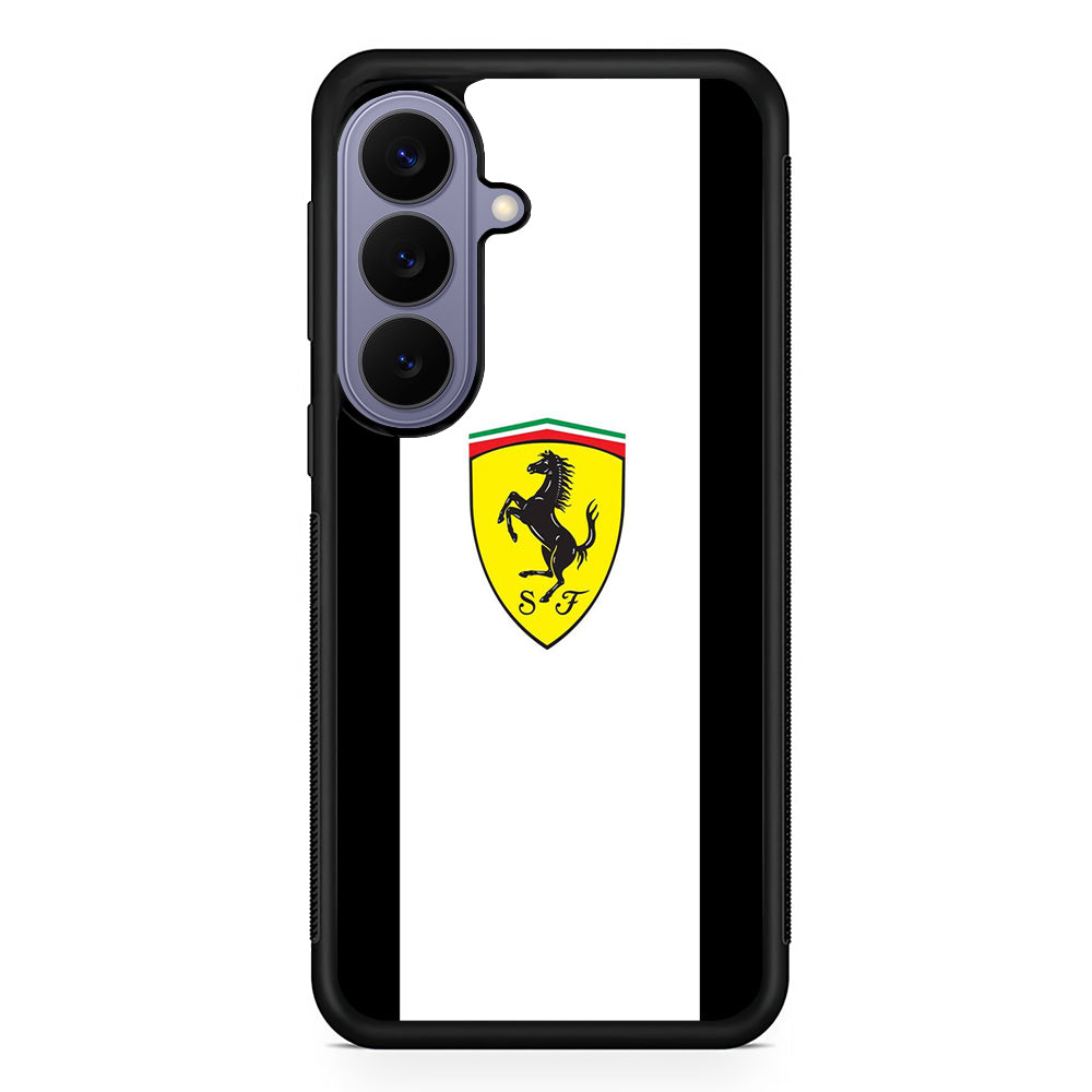 Ferrari White Stripe Emblem Samsung Galaxy S26 Case | Slim Protective Rubber Case for Samsung S26