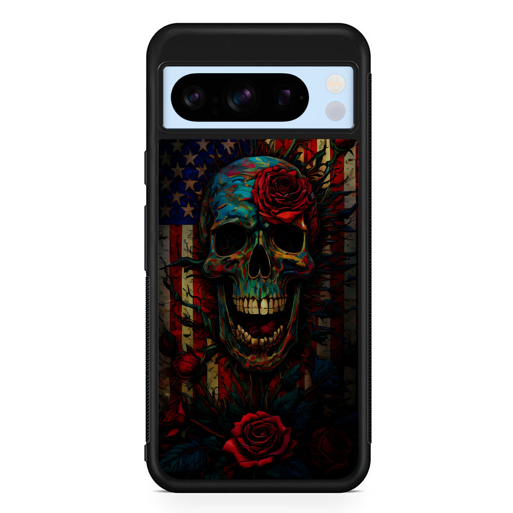 American Flag Skulls and Flower Google Pixel 8 Pro Case | Slim Rubber Case for Google Pixel 8 Pro