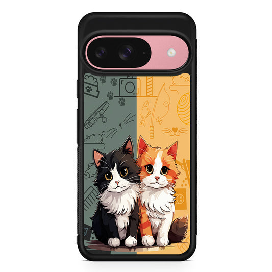 Two Cute Cats Kawai Google Pixel 9 Case | Google Pixel 9 Protective Rubber Case