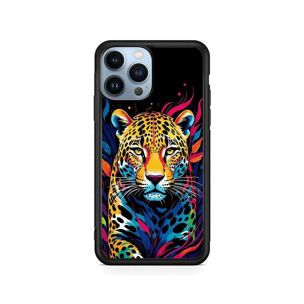 A Colorful Leopard on The Hunt iPhone 14 Pro Case-Rubber / Black (2D Case)-Xtracase
