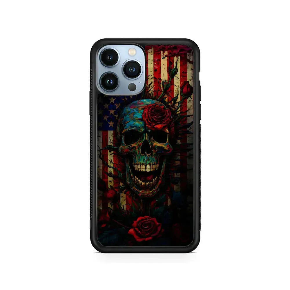 American Flag Skulls and Flower iPhone 15 Pro Max Case-Rubber / Black (2D Case)-Xtracase