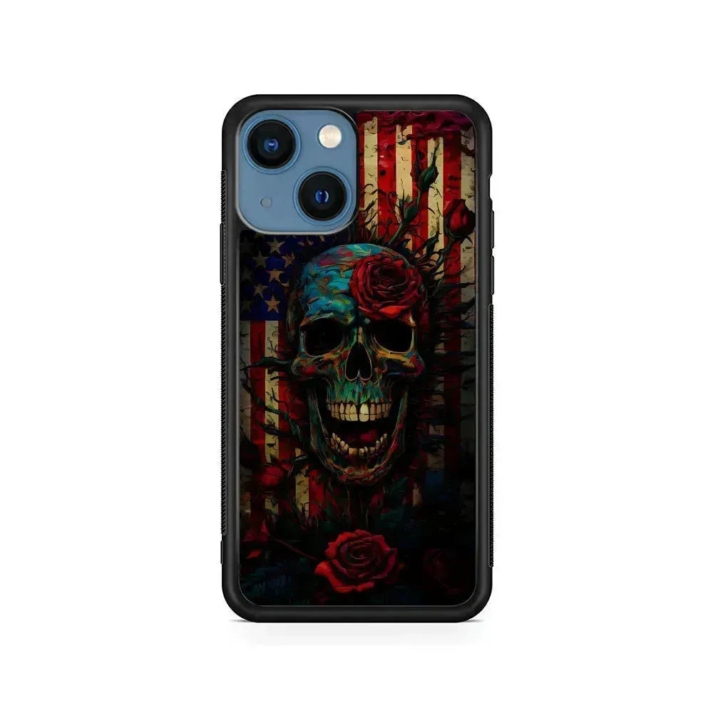American Flag Skulls and Flower iPhone 13 Mini Case-Rubber / Black (2D Case)-Xtracase