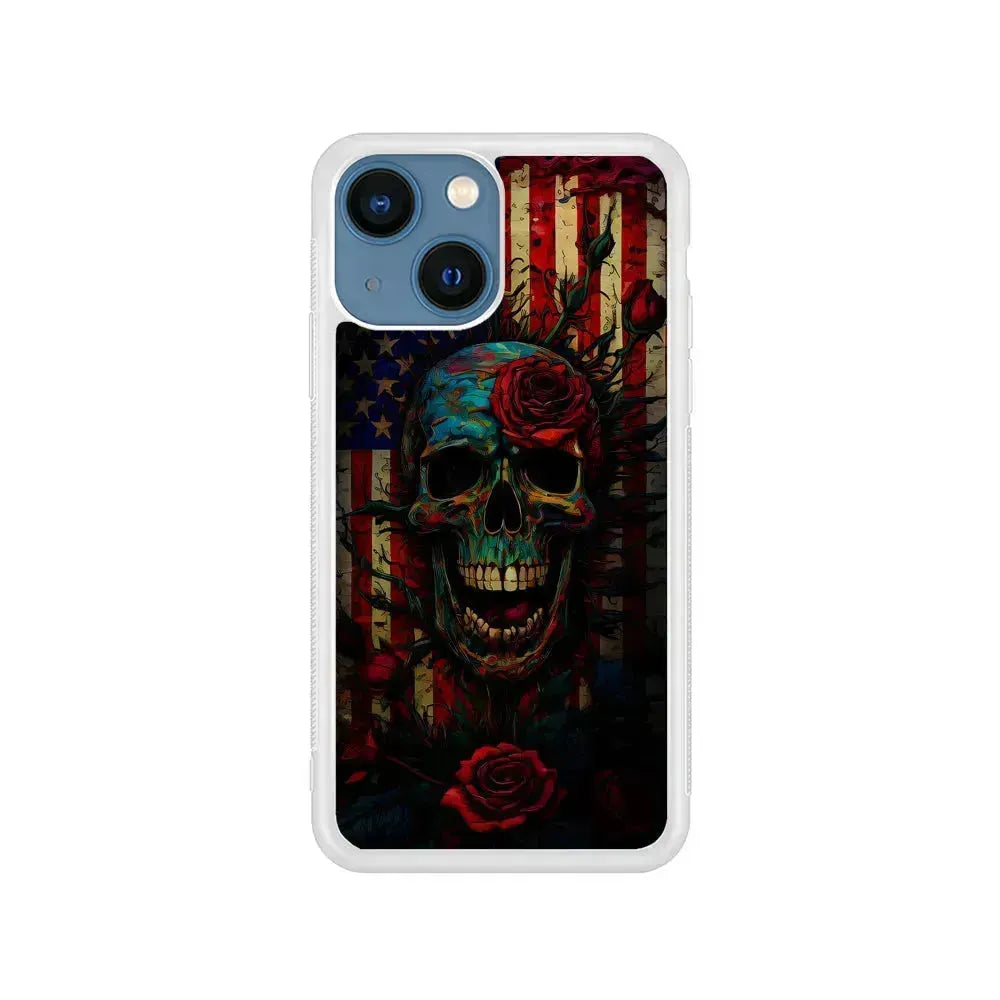 American Flag Skulls and Flower iPhone 13 Mini Case-Rubber / White (2D Case)-Xtracase