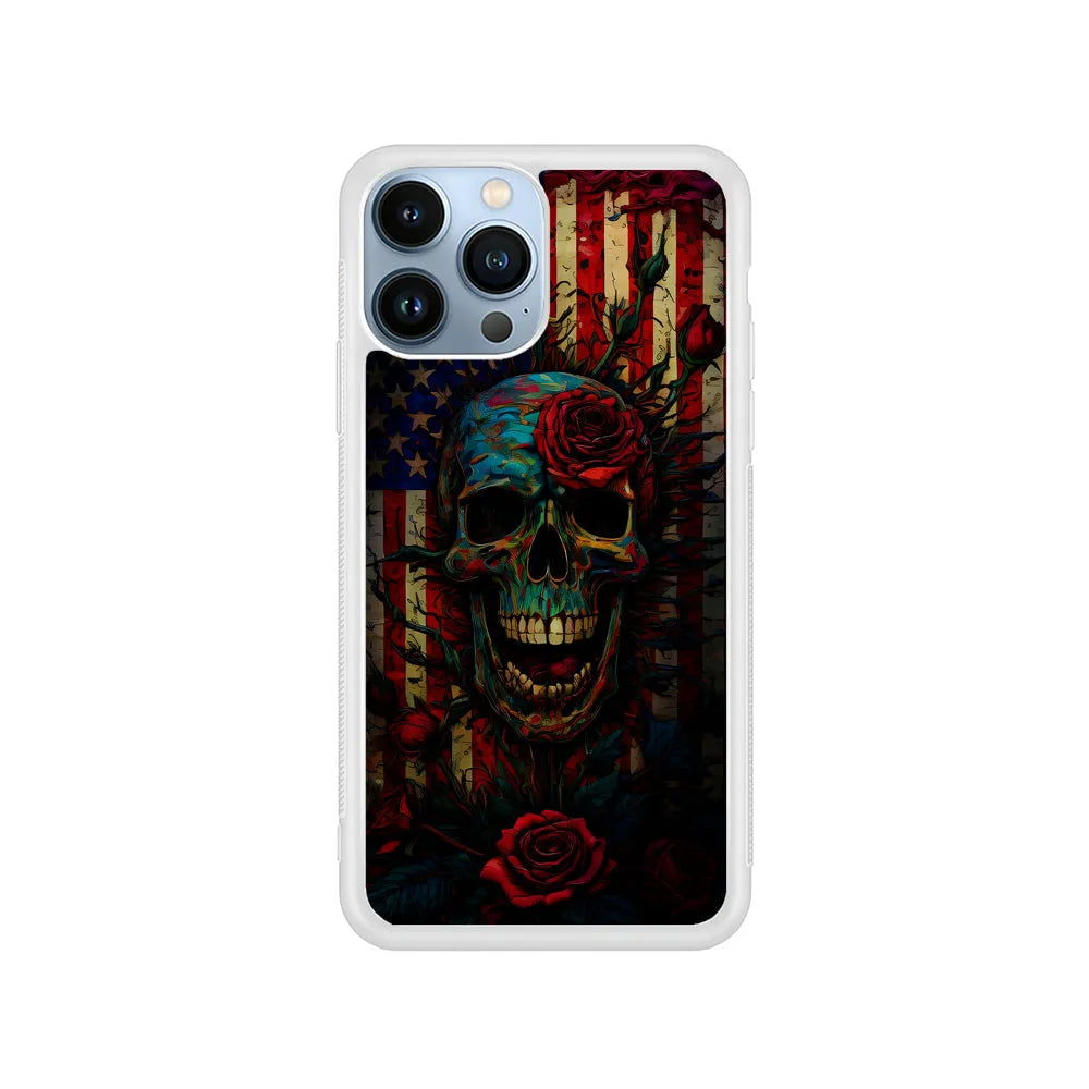 American Flag Skulls and Flower iPhone 13 Pro Max Case-Rubber / White (2D Case)-Xtracase