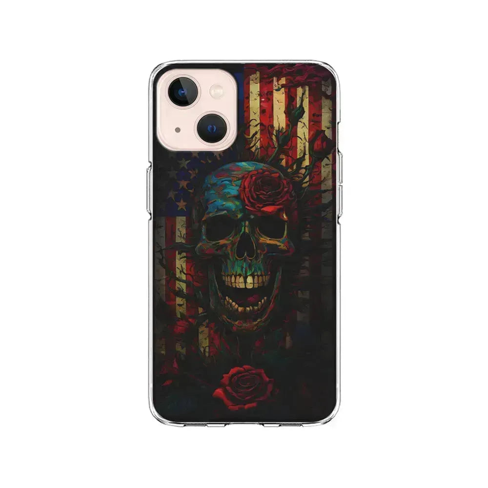 American Flag Skulls and Flower iPhone 13 Mini Case-Clear Soft Case-Xtracase
