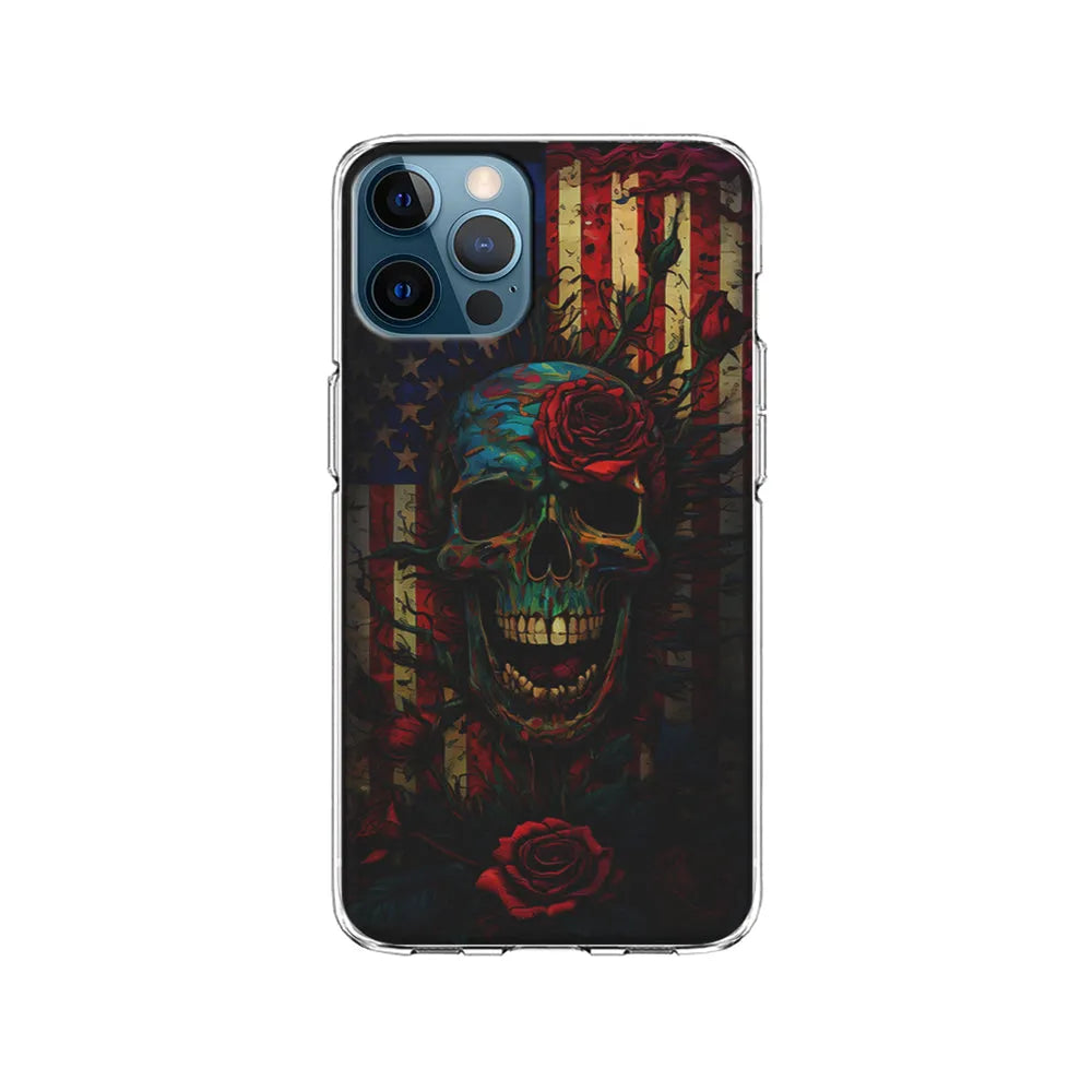 American Flag Skulls and Flower iPhone 13 Pro Max Case-Clear Soft Case-Xtracase