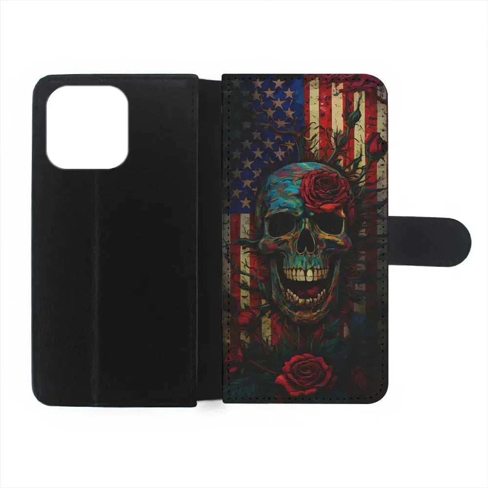 American Flag Skulls and Flower iPhone 15 Pro Max Case-Flip Wallet Case-Xtracase
