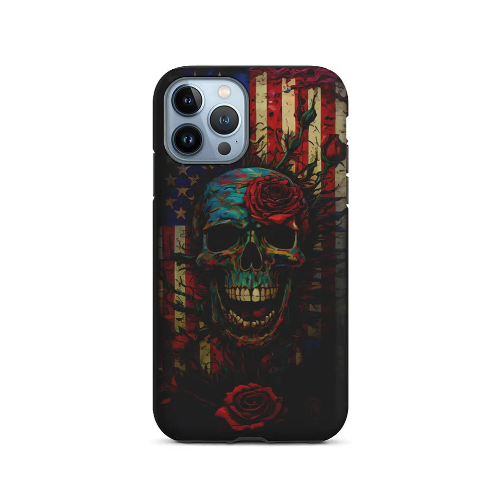 American Flag Skulls and Flower iPhone 13 Pro Case-2 in 1 Tough Case-Xtracase