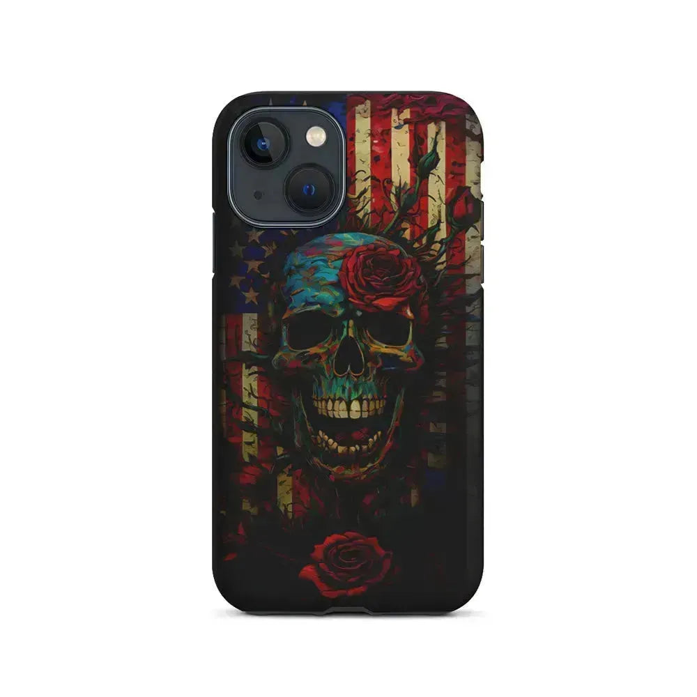 American Flag Skulls and Flower iPhone 13 Mini Case-2 in 1 Tough Case-Xtracase