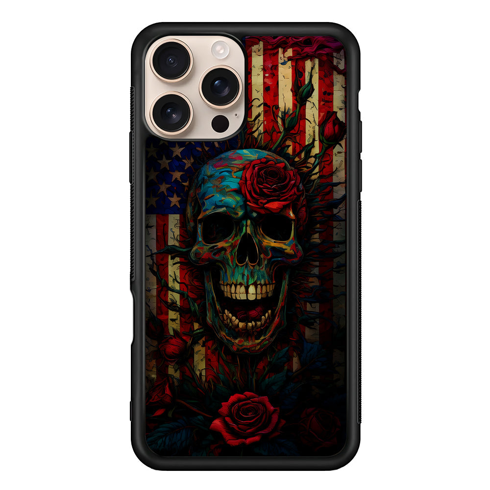 American Flag Skulls and Flower iPhone 16 Pro Max Case - iPhone 16 Pro Max