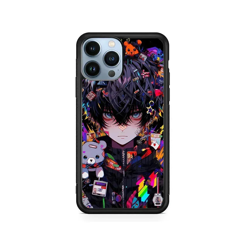 Anime Boy Bear Doll Aesthetic iPhone 15 Pro Max Case-Rubber / Black (2D Case)-Xtracase