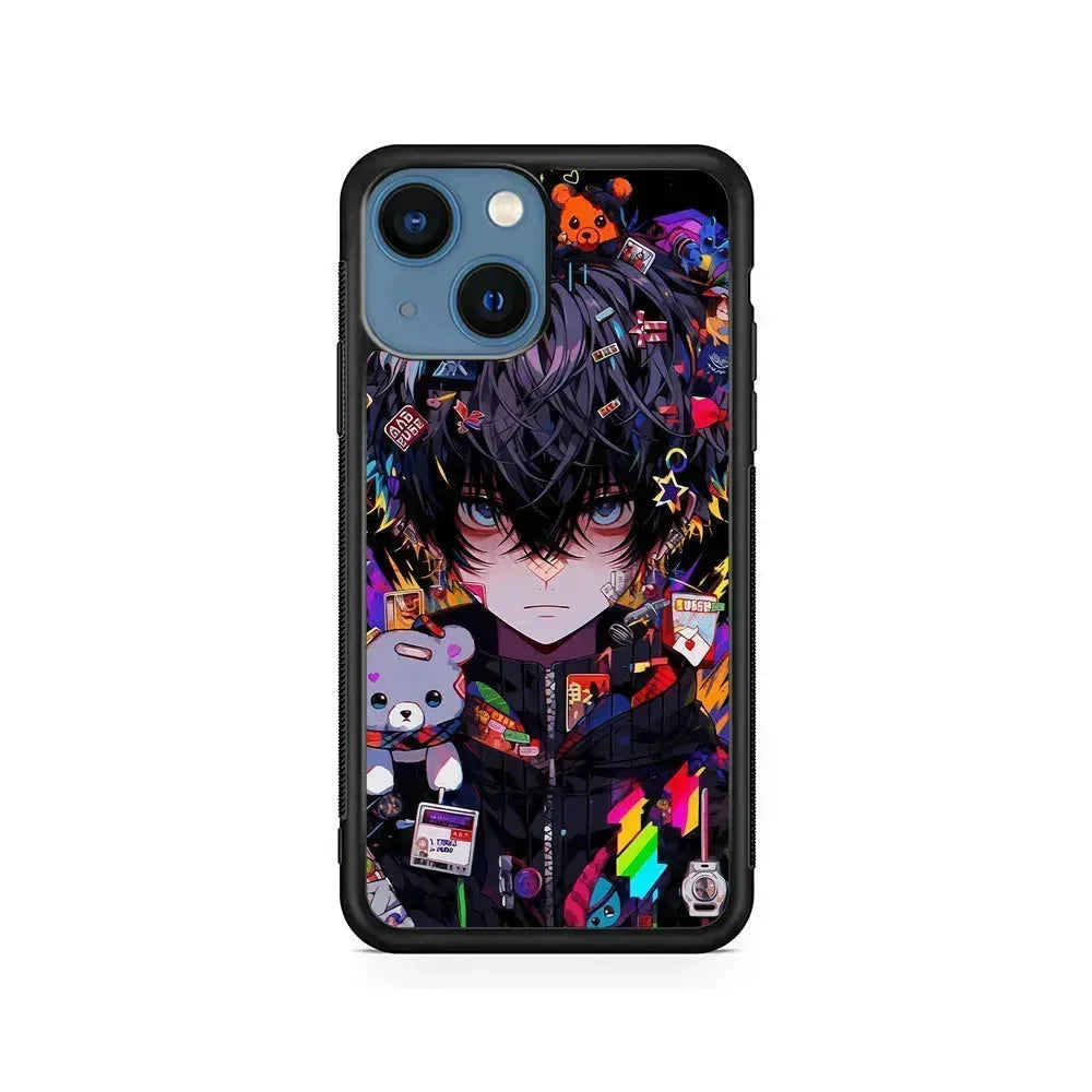 Anime Boy Bear Doll Aesthetic iPhone 13 Mini Case-Rubber / Black (2D Case)-Xtracase