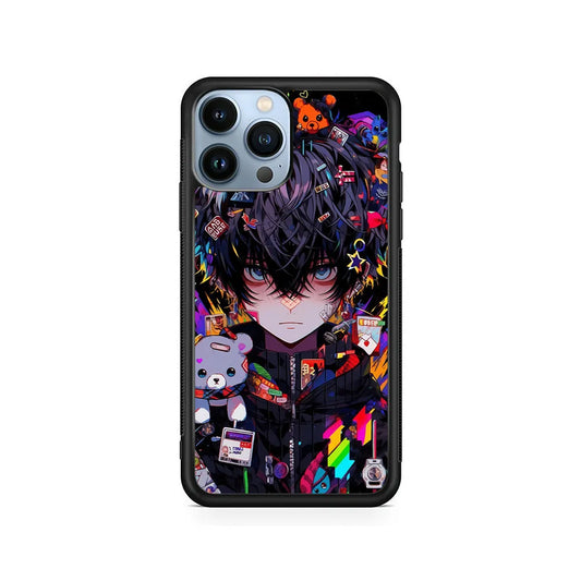 Anime Boy Bear Doll Aesthetic iPhone 13 Pro Max Case-Rubber / Black (2D Case)-Xtracase