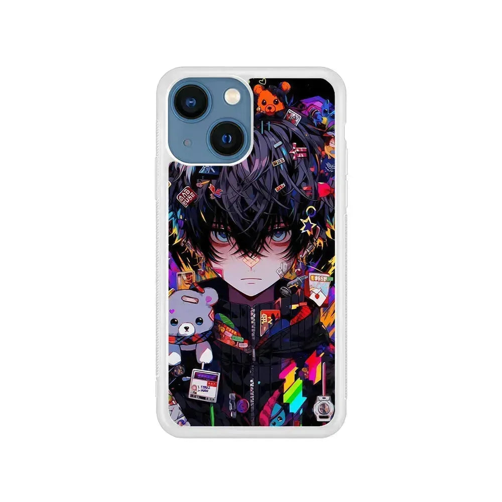 Anime Boy Bear Doll Aesthetic iPhone 13 Mini Case-Rubber / White (2D Case)-Xtracase