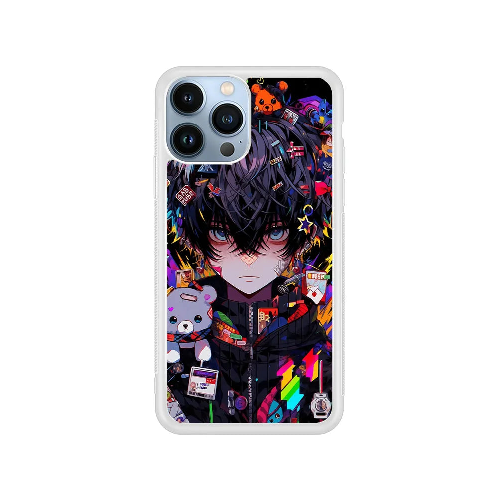 Anime Boy Bear Doll Aesthetic iPhone 13 Pro Max Case-Rubber / White (2D Case)-Xtracase